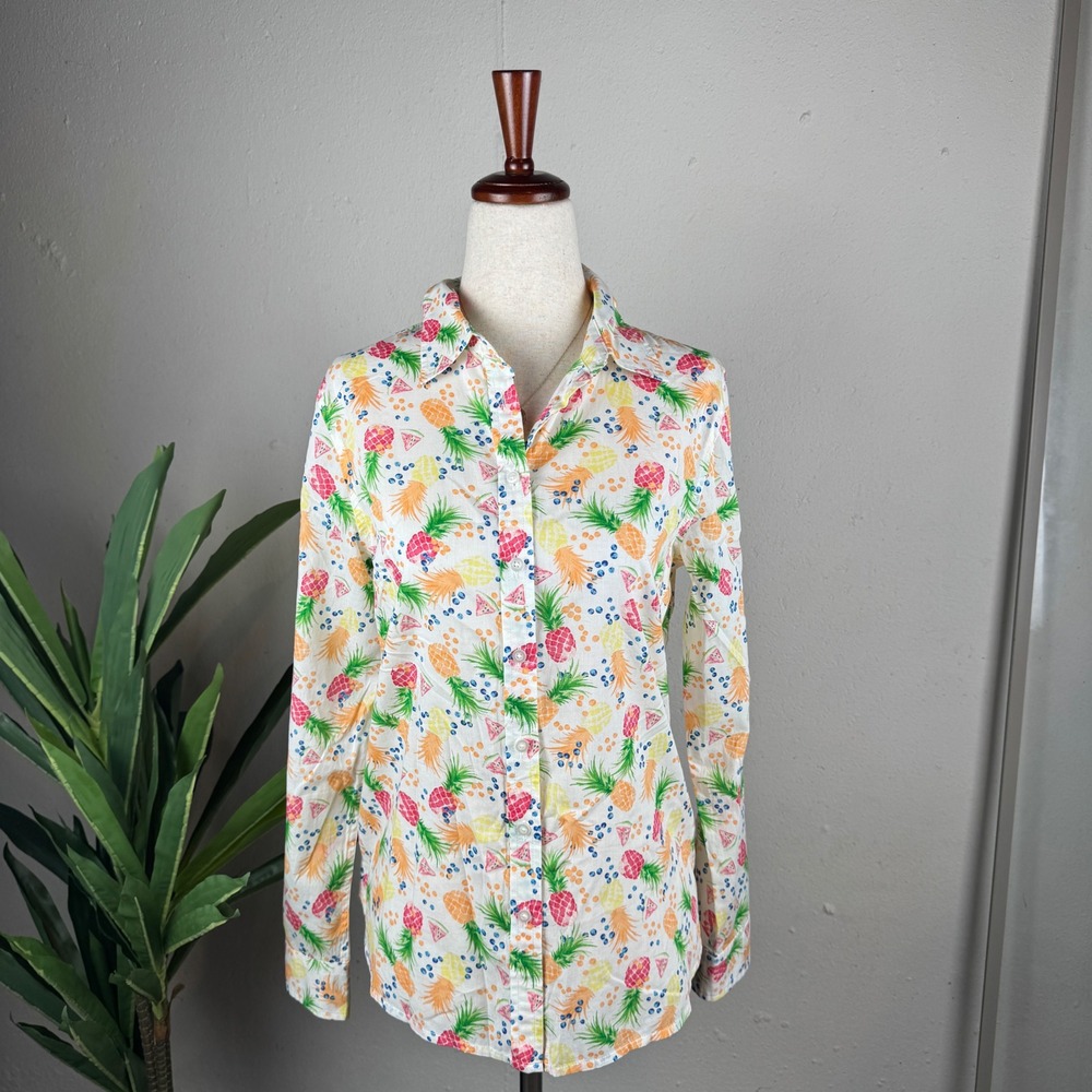 Tropical‎ Whimsical Fruit Print Preppy Talbots Button Down Shirt Womens Petite - Picture 3 of 7